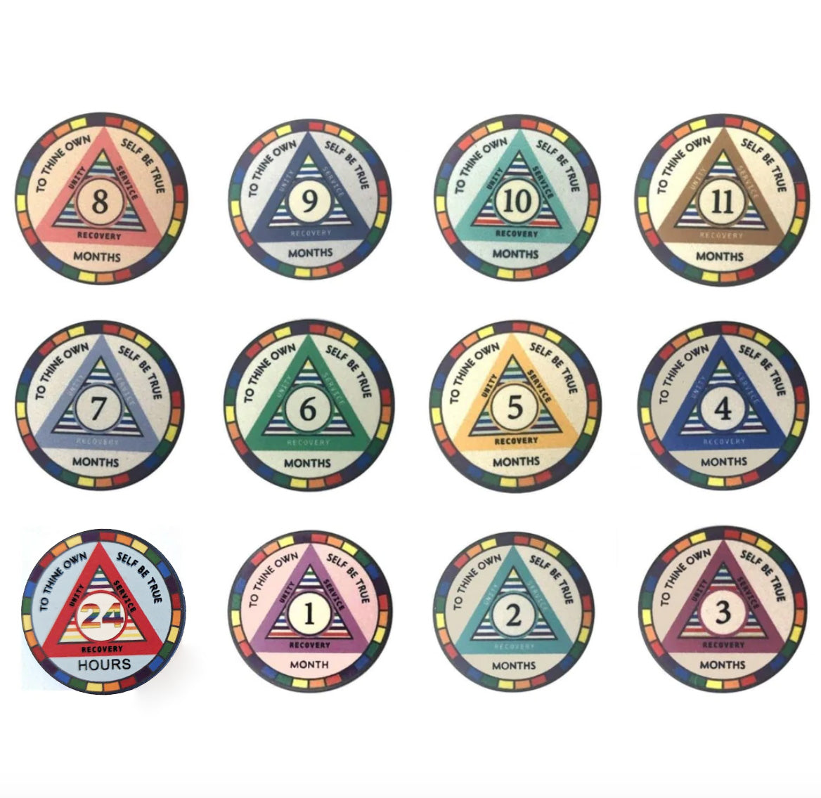 12-Pack Rainbow AA Monthly Chips: Celebrate Sobriety from 24 Hours to 11 Months