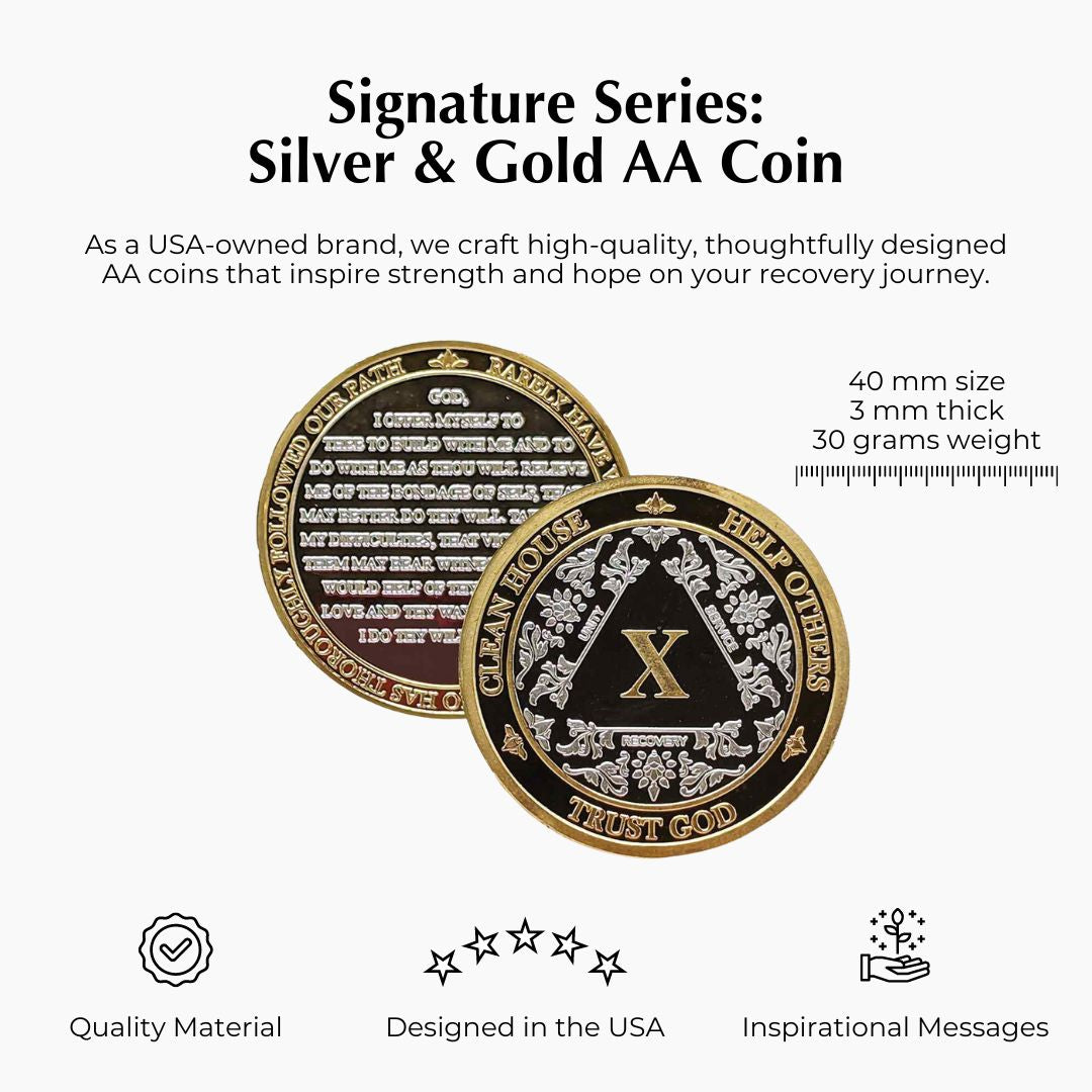 Silver & Gold AA Coin 1-60yrs Sobriety Chip