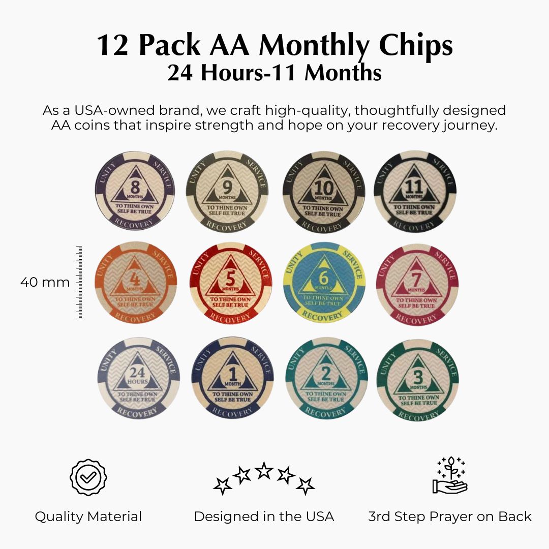 12-Pack AA Monthly Poker Chips: Celebrate Sobriety from 24 Hours to 11 Months